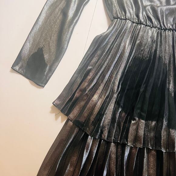 Derek Lam Metallic One Shoulder Pleated Dress Size Black Silver Size EU 36 - Picture 5 of 12